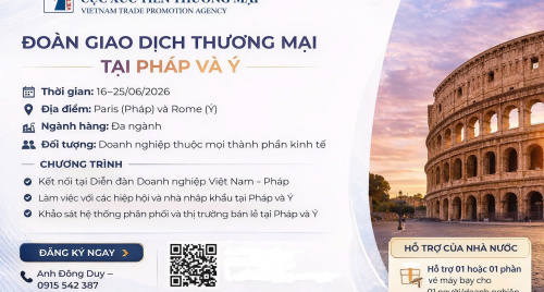 Cục Xúc tiến thương mại thực hiện Đoàn giao dịch thương mại tại thị trường Pháp và Ý từ ngày 16 -25/6/2026