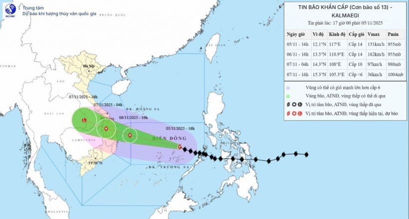 Bão Kalmaegi đang ở thời điểm mạnh nhất, cảnh báo rủi ro rất lớn đối với các tỉnh Quảng Ngãi, Gia Lai, Đắk Lắk